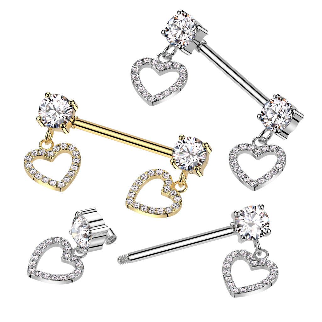 14G Surgical Steel Nipple Barbell With Heart Dangles (14MM)